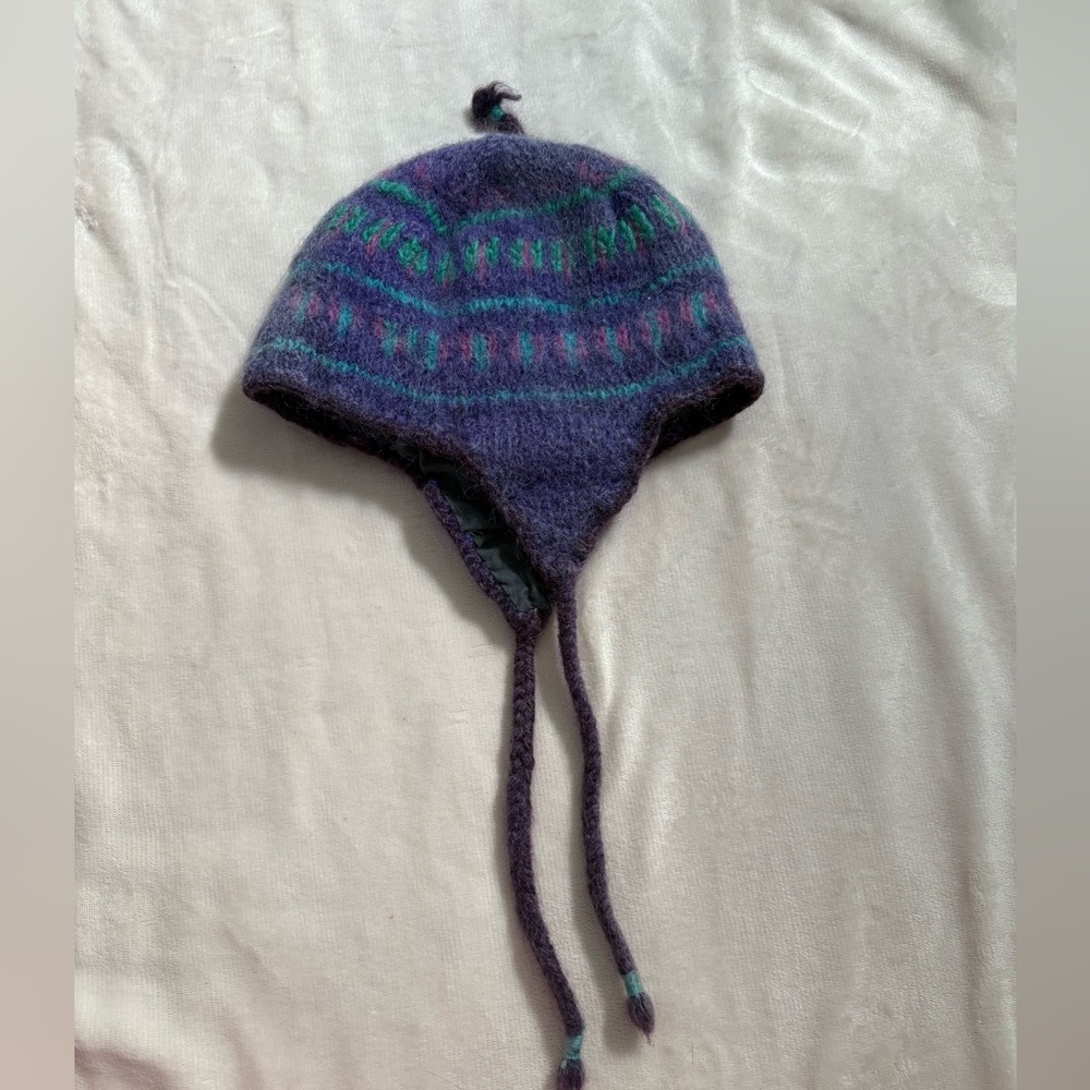 Purple Knit Cotton and Wool Earflap Hat